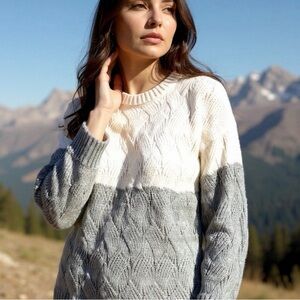 A. New. Day. Cable Knit Sweater Block Coloring White Grey Crew Neck